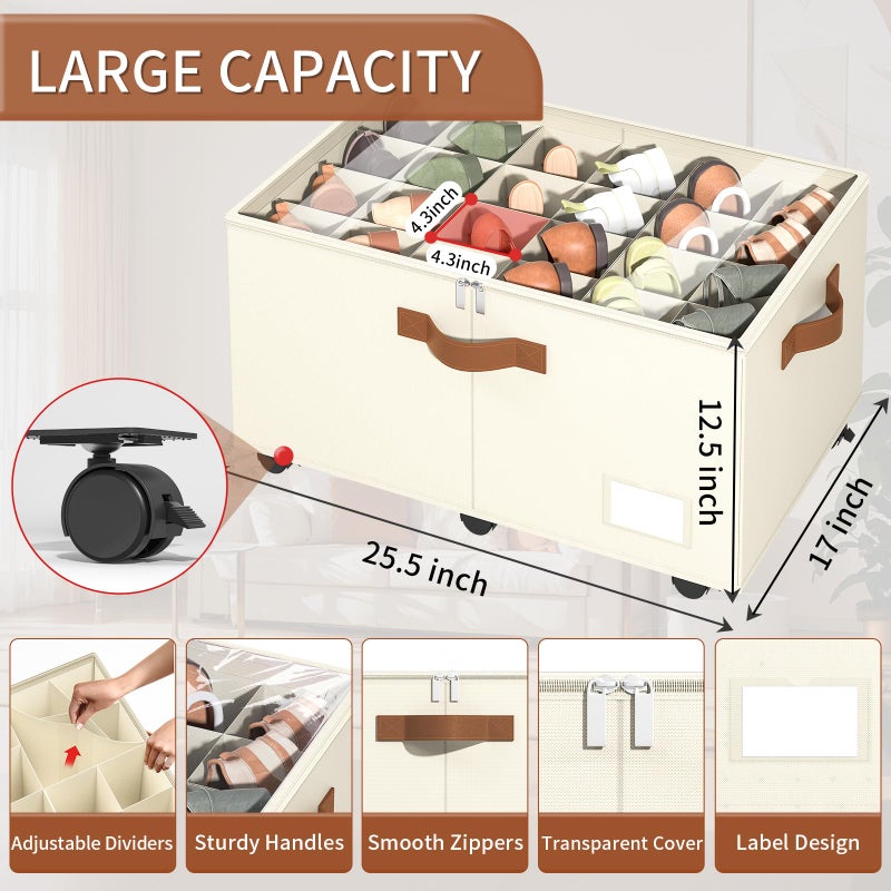 Foyego Shoe Organizer for Closet, Shoe Storage Organizer with Wheels and Adjustable Dividers, Stackable Shoe Storage Box with Clear Cover, Foldable Closet Shoe Organizer Fits up to 24-48 Pairs, Beige - Image 2
