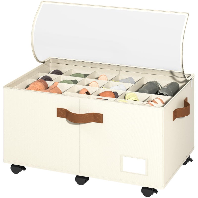 Foyego Shoe Organizer for Closet, Shoe Storage Organizer with Wheels and Adjustable Dividers, Stackable Shoe Storage Box with Clear Cover, Foldable Closet Shoe Organizer Fits up to 24-48 Pairs, Beige - Image 1