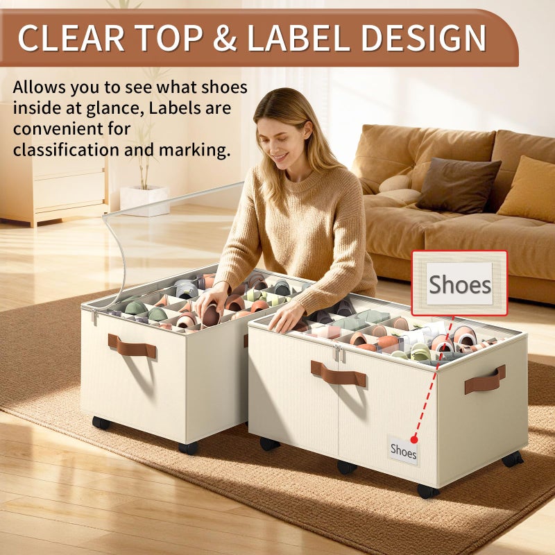 Foyego Shoe Organizer for Closet, Shoe Storage Organizer with Wheels and Adjustable Dividers, Stackable Shoe Storage Box with Clear Cover, Foldable Closet Shoe Organizer Fits up to 24-48 Pairs, Beige - Image 4