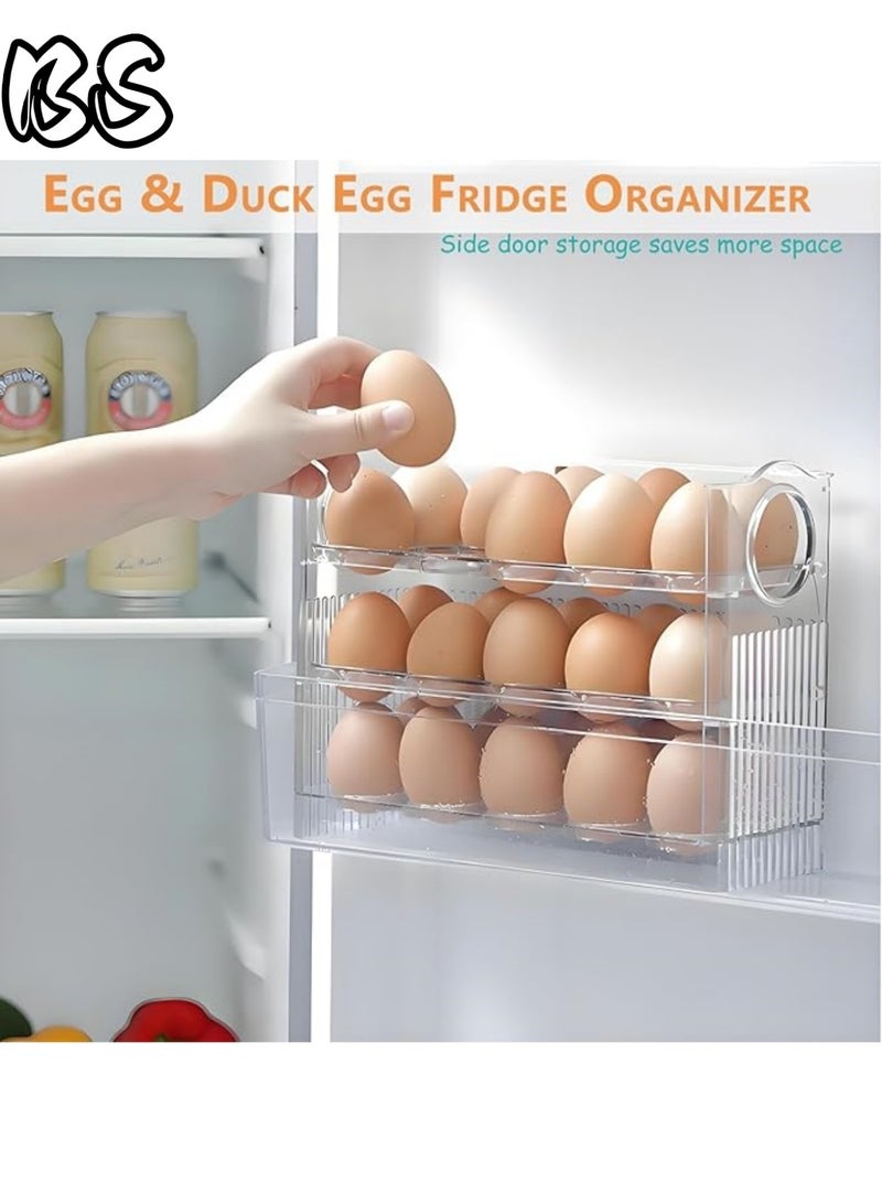 بي إس رف بيض ثلاثي الطبقات قابل للطي للثلاجات | رف بيض أوتوماتيكي جديد تمامًا مزود بنابض | صندوق تخزين بيض موفر للمساحة وذو سعة كبيرة يمكنه حمل 30 بيضة، ومناسب للأبواب الجانبية للثلاجة. - Image 3