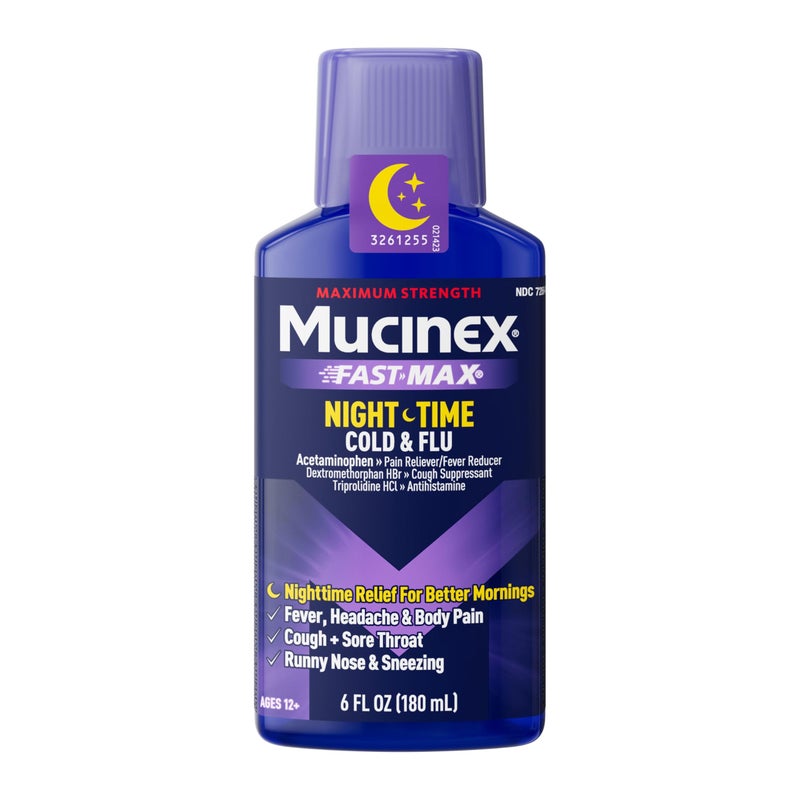 MUCINEX دواء موكينكس نايت شيفت للبرد والإنفلونزا للبالغين يخفف الحمى، والعطس، والتهاب الحلق، وسيلان الأنف والسعال، أسيتامينوفين، ديكستروميثورفان HBr، تريبروليدين HCl، 6 أونصة سائلة (عبوة من 1) - Image 1