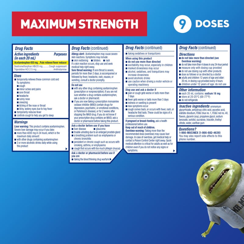 MUCINEX دواء موكينكس نايت شيفت للبرد والإنفلونزا للبالغين يخفف الحمى، والعطس، والتهاب الحلق، وسيلان الأنف والسعال، أسيتامينوفين، ديكستروميثورفان HBr، تريبروليدين HCl، 6 أونصة سائلة (عبوة من 1) - Image 4