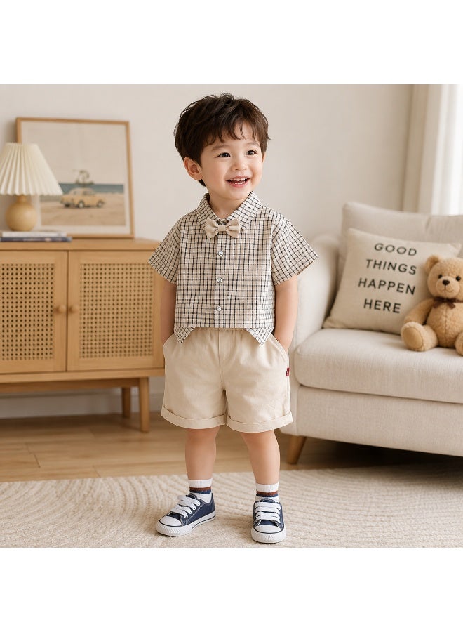 Smarties AE Boys Formal Plaid Shirt & Shorts Set with Bow Tie – Short Sleeve Checked Button-Down Top and Elastic Waist Shorts Outfit for Toddlers Boys 2-3 Years, Casual Party Wear - Image 1