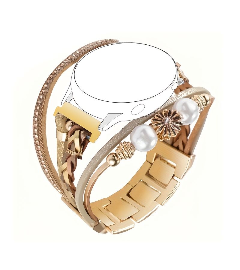 Gold Faux Leather Watch Band 22mm Chrysanthemum Pearl Cuban Chain - Image 3
