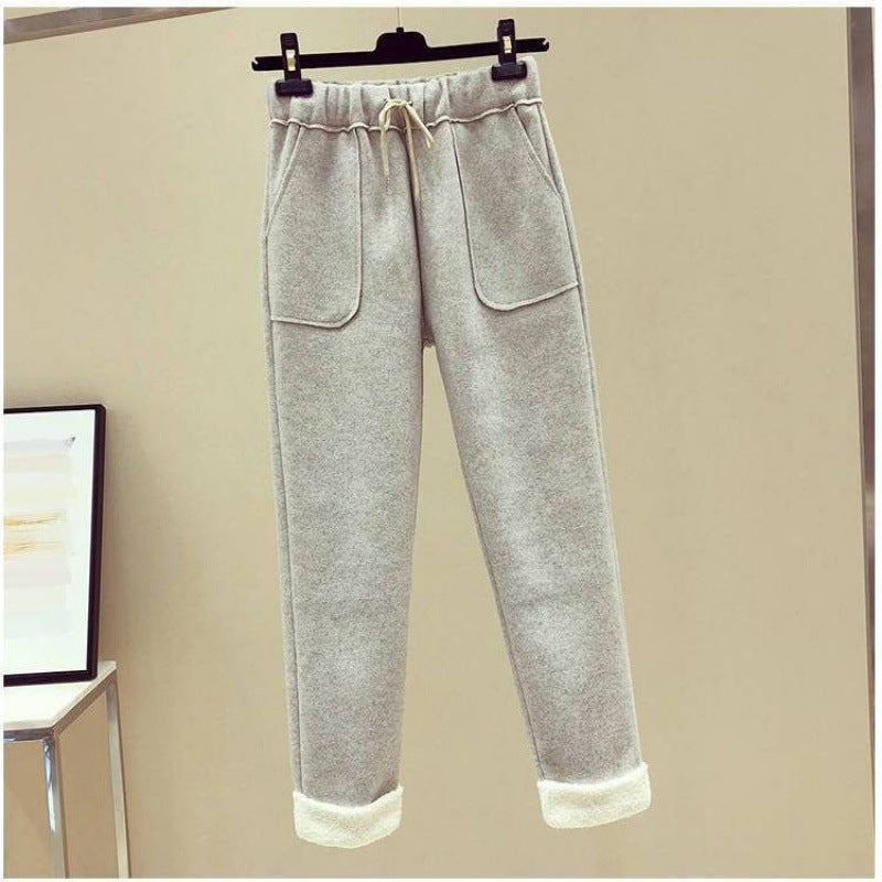 Salt and Sweet Three-piece Set Womens Winter Age-reducing Vest Lamb Wool Sweatshirt Woolen Pants Fashionable suit Gray pants - Image 1