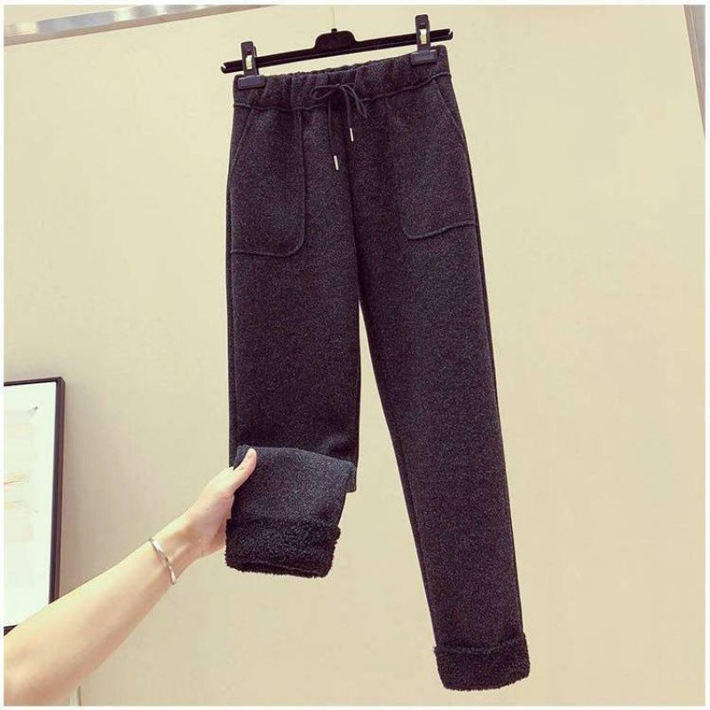 Salt and Sweet Three-piece Set Womens Winter Age-reducing Vest Lamb Wool Sweatshirt Woolen Pants Fashionable suit Gray pants - Image 2