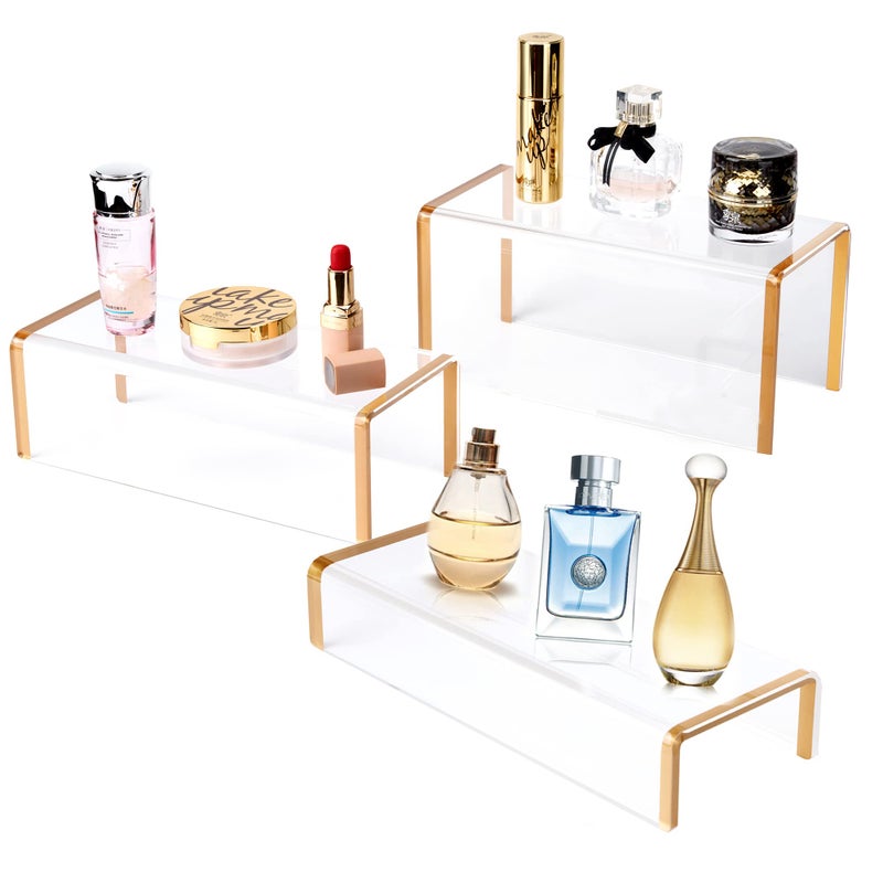 SHUNKAIZS Purse Display Stand, 6mm Thick Clear Acrylic Risers Display Stands, Gold Shoe Display Riser, 3 Pack Luxury Handbag Bag Wallet Shoes Jewelry Perfume Display Showcase for Closet Retail Vendor Store - Image 3