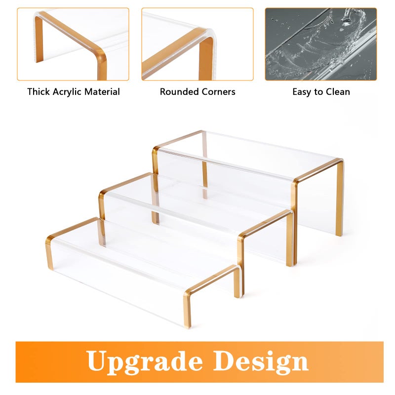 SHUNKAIZS Purse Display Stand, 6mm Thick Clear Acrylic Risers Display Stands, Gold Shoe Display Riser, 3 Pack Luxury Handbag Bag Wallet Shoes Jewelry Perfume Display Showcase for Closet Retail Vendor Store - Image 4