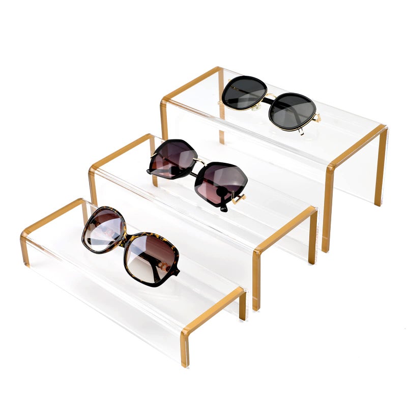 SHUNKAIZS Purse Display Stand, 6mm Thick Clear Acrylic Risers Display Stands, Gold Shoe Display Riser, 3 Pack Luxury Handbag Bag Wallet Shoes Jewelry Perfume Display Showcase for Closet Retail Vendor Store - Image 5