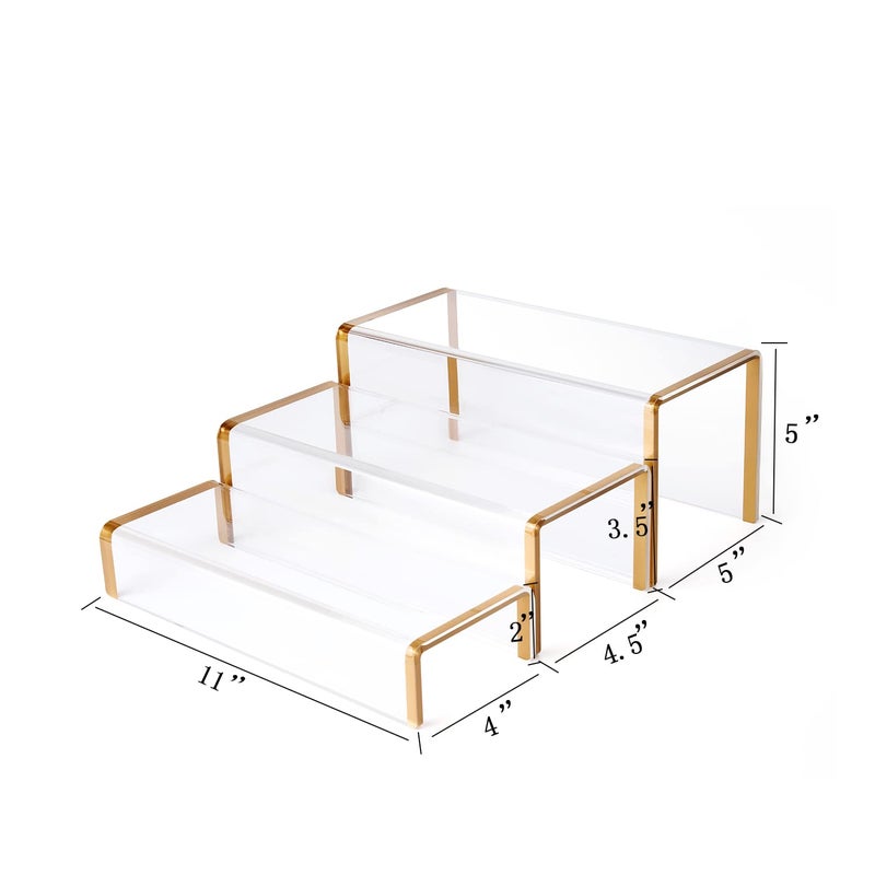 SHUNKAIZS Purse Display Stand, 6mm Thick Clear Acrylic Risers Display Stands, Gold Shoe Display Riser, 3 Pack Luxury Handbag Bag Wallet Shoes Jewelry Perfume Display Showcase for Closet Retail Vendor Store - Image 2
