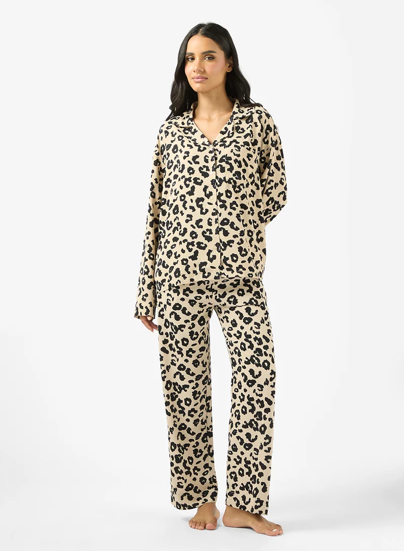 Ginger Satin Animal Print Relaxed Fit Shirt & Pyjama Set