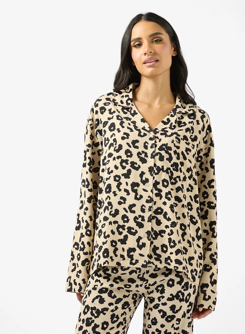 Ginger Satin Animal Print Relaxed Fit Shirt & Pyjama Set