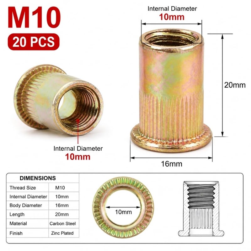M10 Zinc Plated Carbon Steel Rivet Nut – 10mm – Strong Metal Fastening – 20 Count – Rivet Nut Insert Nut - Image 2
