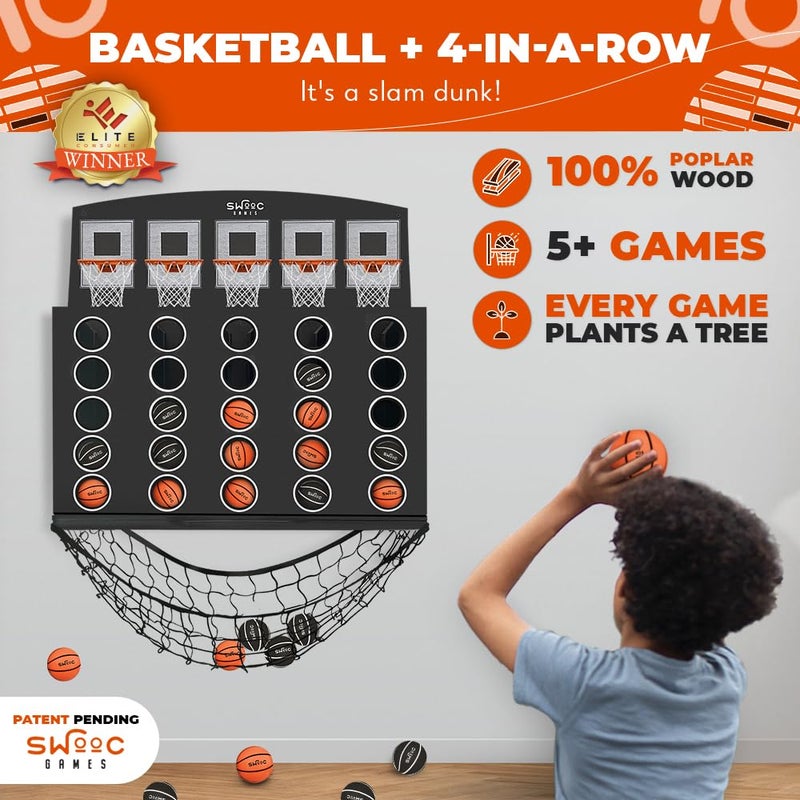 Swooc Games - Low Post Lineupâ„¢ | Wall Mounted Giant Basketball 4 In A Row w/ 5+ Games | Basketball Hoop For Room Wall Games | Game Room Games | Mini Basketball Hoop Indoor Connect | Four In A Row Game - Image 2