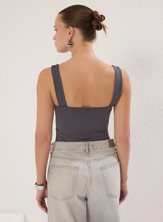 trendyol Anthracite Fitted/Fits on the Body with Back Detail Square Neck Snap Elastic Knitted Bodysuit  - Image 2