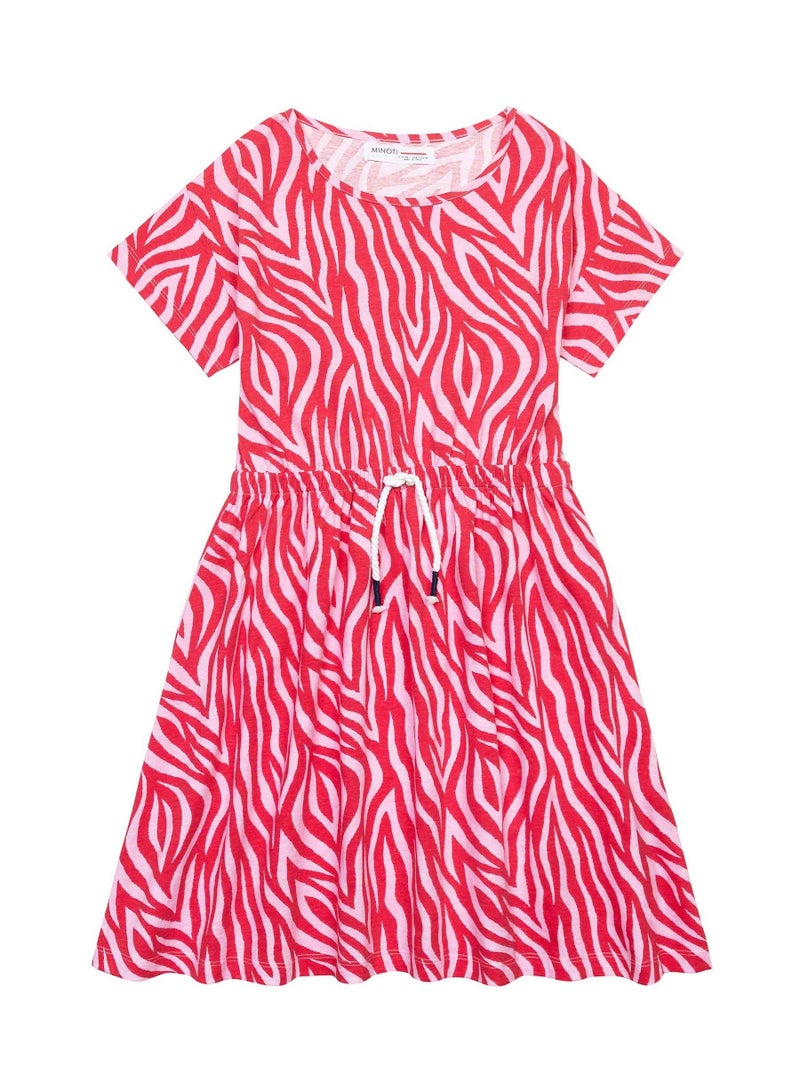 مينوتي فستان بناتي من القطن بطبعة كاملة ورباط خصر قابل للتعديل - Image 1