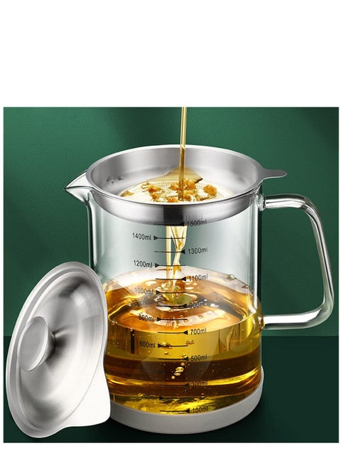 1.5L/50oz Glass Grease Container with Strainer, Cooking Oil Storage Can with Fine Mesh Filter and Scale, Lid and Easy-Grip Handle,Fat Separator for Storing Fats, Frying Oil and Cooking Grease