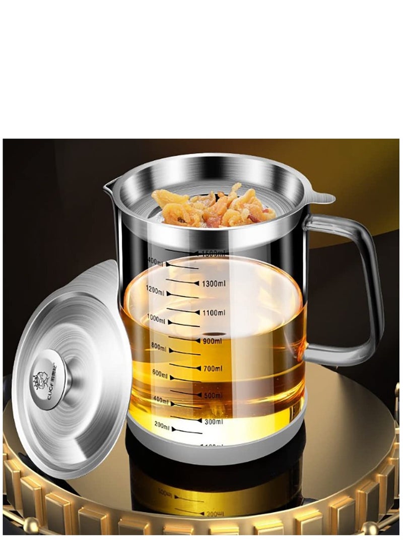 KASTWAVE - 1.5L/50oz Glass Grease Container with Strainer, Cooking Oil Storage Can with Fine Mesh Filter and Scale, Lid and Easy-Grip Handle,Fat Separator for Storing Fats, Frying Oil and Cooking Grease - Image 1