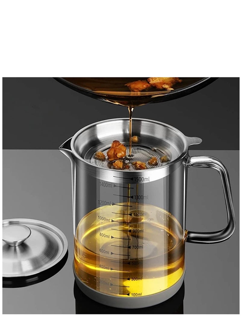 KASTWAVE - 1.5L/50oz Glass Grease Container with Strainer, Cooking Oil Storage Can with Fine Mesh Filter and Scale, Lid and Easy-Grip Handle,Fat Separator for Storing Fats, Frying Oil and Cooking Grease - Image 1