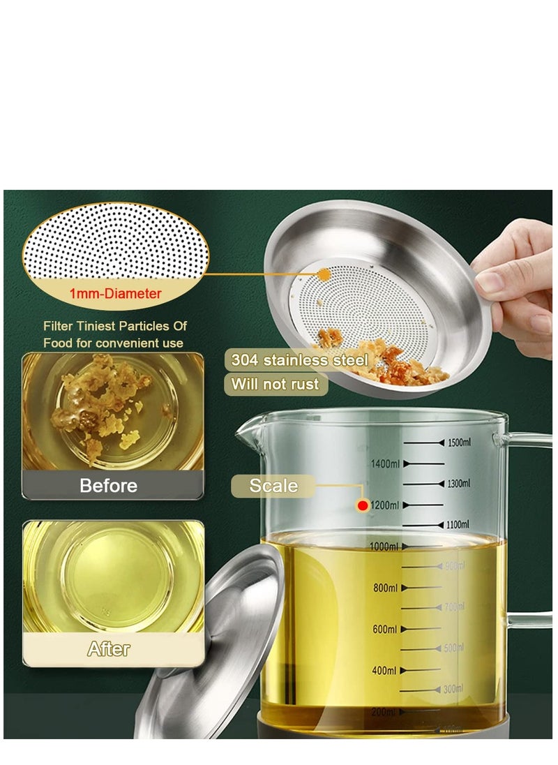 KASTWAVE - 1.5L/50oz Glass Grease Container with Strainer, Cooking Oil Storage Can with Fine Mesh Filter and Scale, Lid and Easy-Grip Handle,Fat Separator for Storing Fats, Frying Oil and Cooking Grease - Image 1