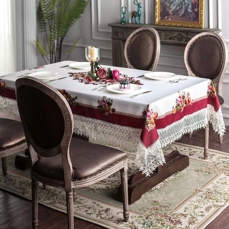 ARTABLE Lace Spring Table Cloth Rectangle Fall Antique Flower Decor Macrame Tablecloth for Outdoor Farmhouse Rustic Kitchen Party Birthday Picnic (Burgundy, 60 x 84 Inch) - Image 2