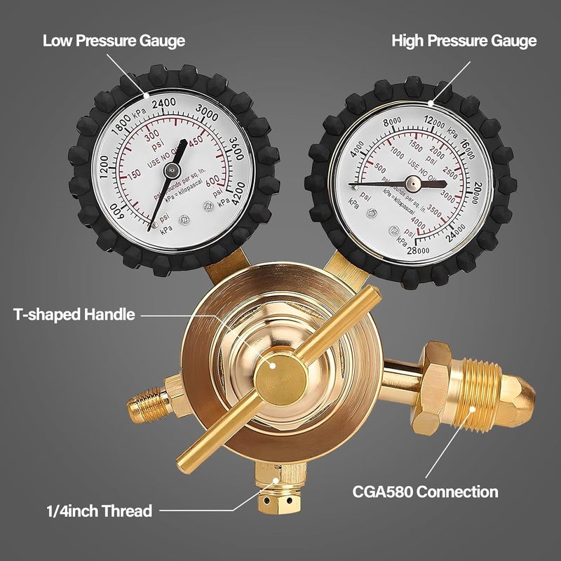 Tutor Auto Nitrogen Regulator with 0-400 PSI Delivery Pressure, 60" Hose CGA580 Inlet Connection and 1/4'' Male Flare Outlet Connection - Image 2