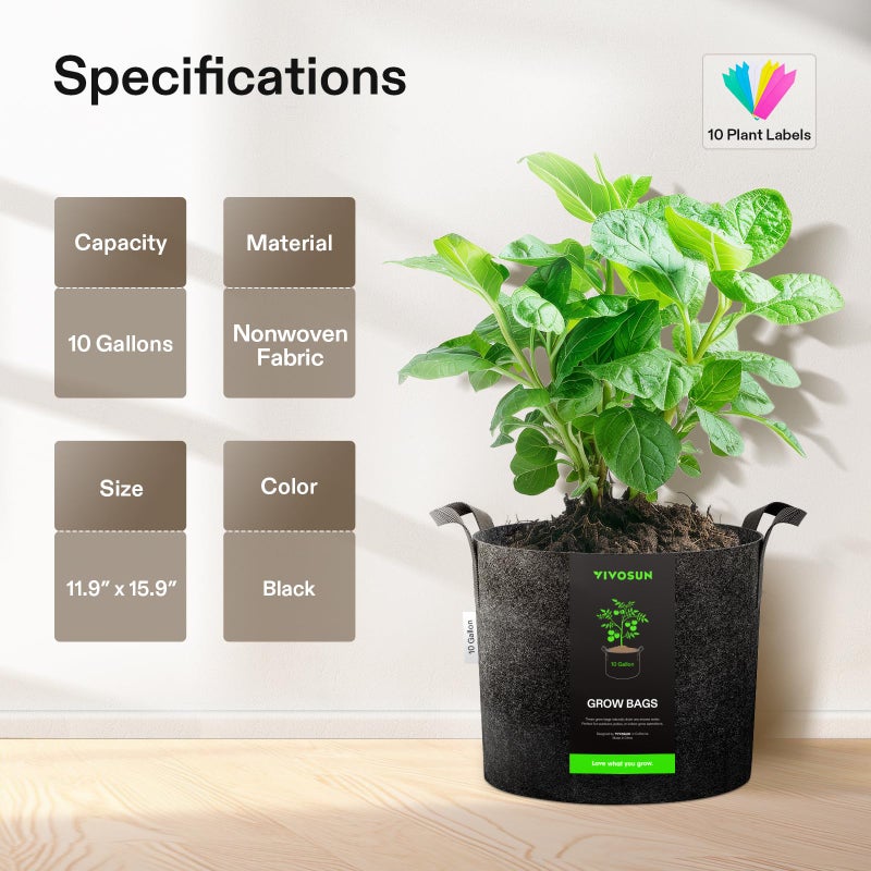 VIVOSUN 5-Pack 10 Gallon Plant Grow Bags, Heavy Duty Thickened Nonwoven Fabric Pots with Handles - Image 2