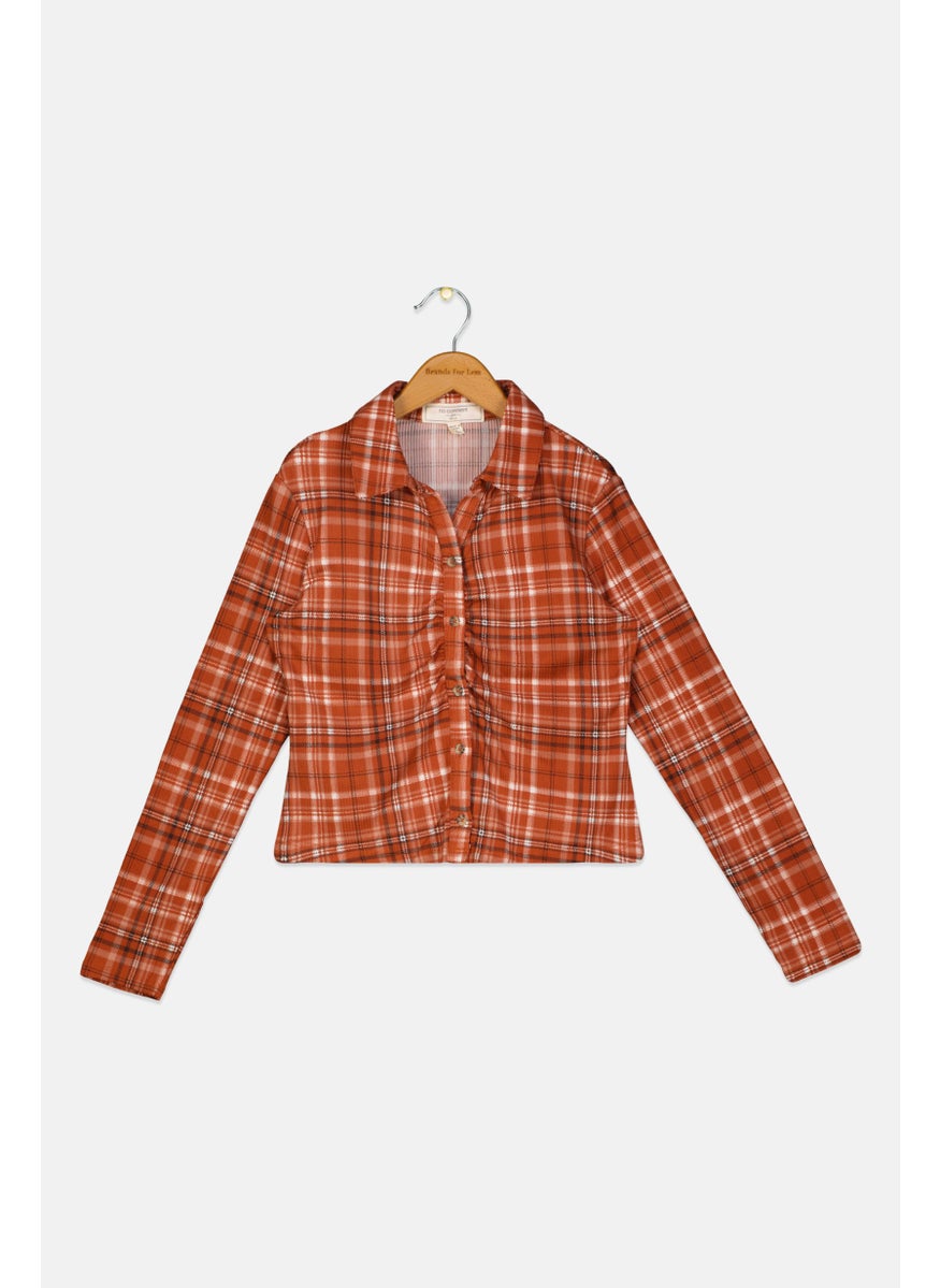 No Comment Kids Girl Plaid Long Sleeve Shirt, Brown Combo  - Image 1
