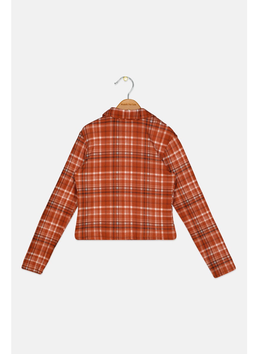 No Comment Kids Girl Plaid Long Sleeve Shirt, Brown Combo  - Image 2