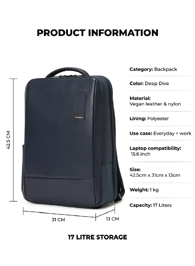Mokobara The Element Backpack | Laptop Up to 15.6 Inches, 18L Capacity | Durable Nylon and Vegan Leather, Water Resistant | Ideal for Travel, Office, Students | Ergonomic, Padded Straps | Blue