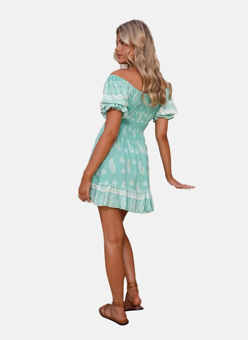 يونيكي Sea Green Off-Shoulder Paisley Print Fit & Flared Dress