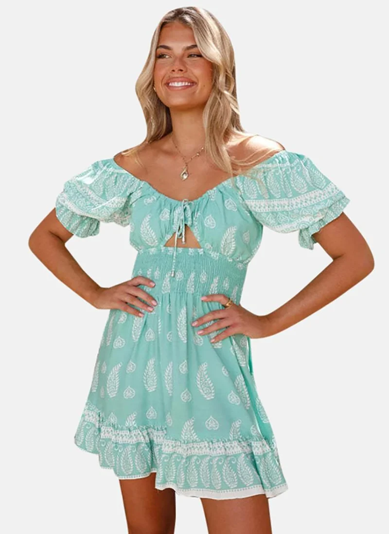 يونيكي Sea Green Off-Shoulder Paisley Print Fit & Flared Dress