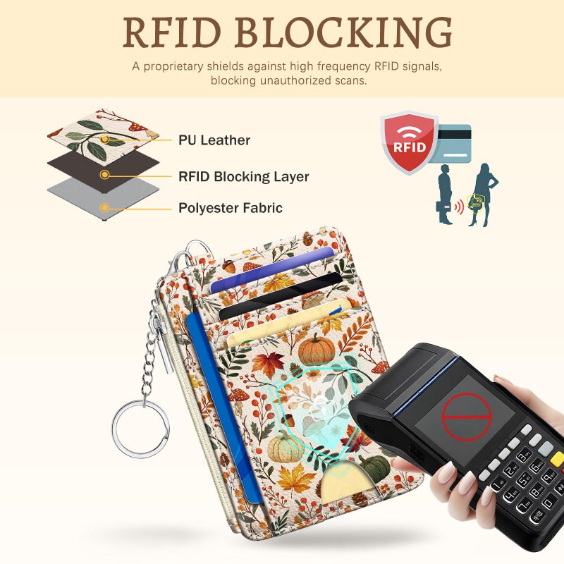 Kelvoris Cute Dinosaur Credit Card Holder Small Wallet Women, Flowers Slim RFID Blocking Wallet Woman Keychain with Zipper Coin Pocket, Front Pocket Thin Travel Card Case with ID Window Ladies Gifts - Image 4