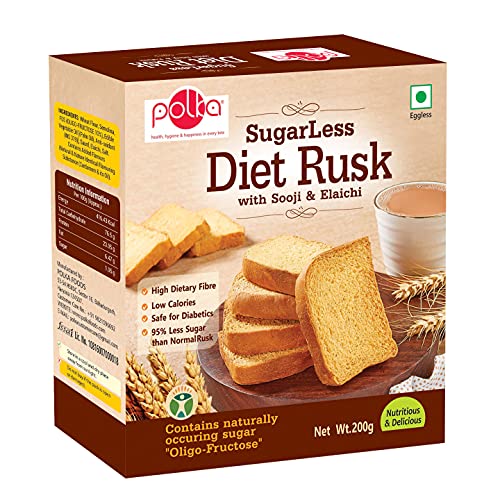 Polka Sugarless Diet Rusk,Sooji with Elaichi, Healthy Snack, High Fiber, Digestive, Sugar Free, 200 Gm - Image 1