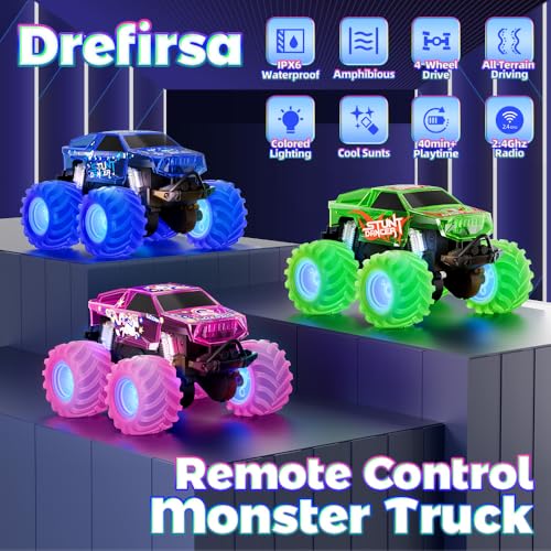 Drefirsa Blue Monster Truck Toy Amphibious Remote Control Car 4WD All Terrain OffRoad RC Truck with Colorful Light RC Stunt Car Toy for 6 7 8 9 10 11 12 Year Old Boy Birthday Gift - Image 5