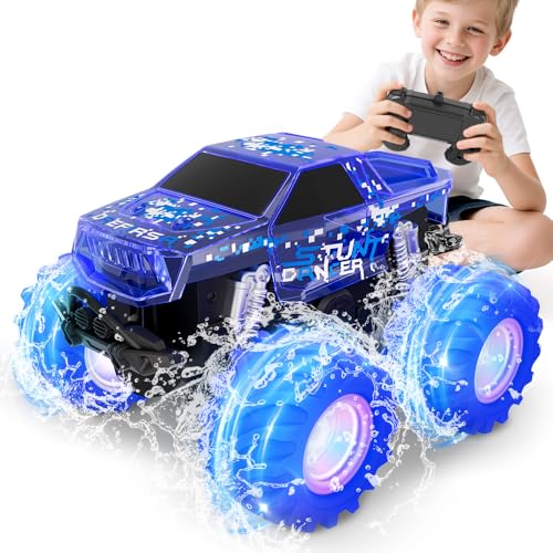 Drefirsa Blue Monster Truck Toy Amphibious Remote Control Car 4WD All Terrain OffRoad RC Truck with Colorful Light RC Stunt Car Toy for 6 7 8 9 10 11 12 Year Old Boy Birthday Gift - Image 1