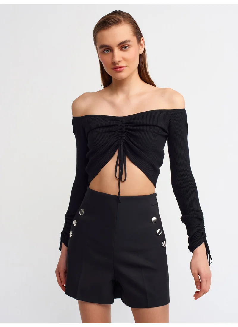 Dilvin 10192 Open Shoulder Drawstring Lace-Up Sweater-Black