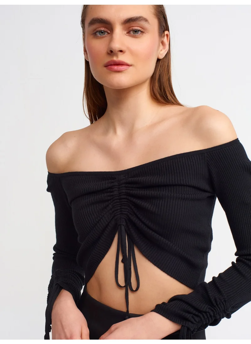 ديلفين 10192 Open Shoulder Drawstring Lace-Up Sweater-Black