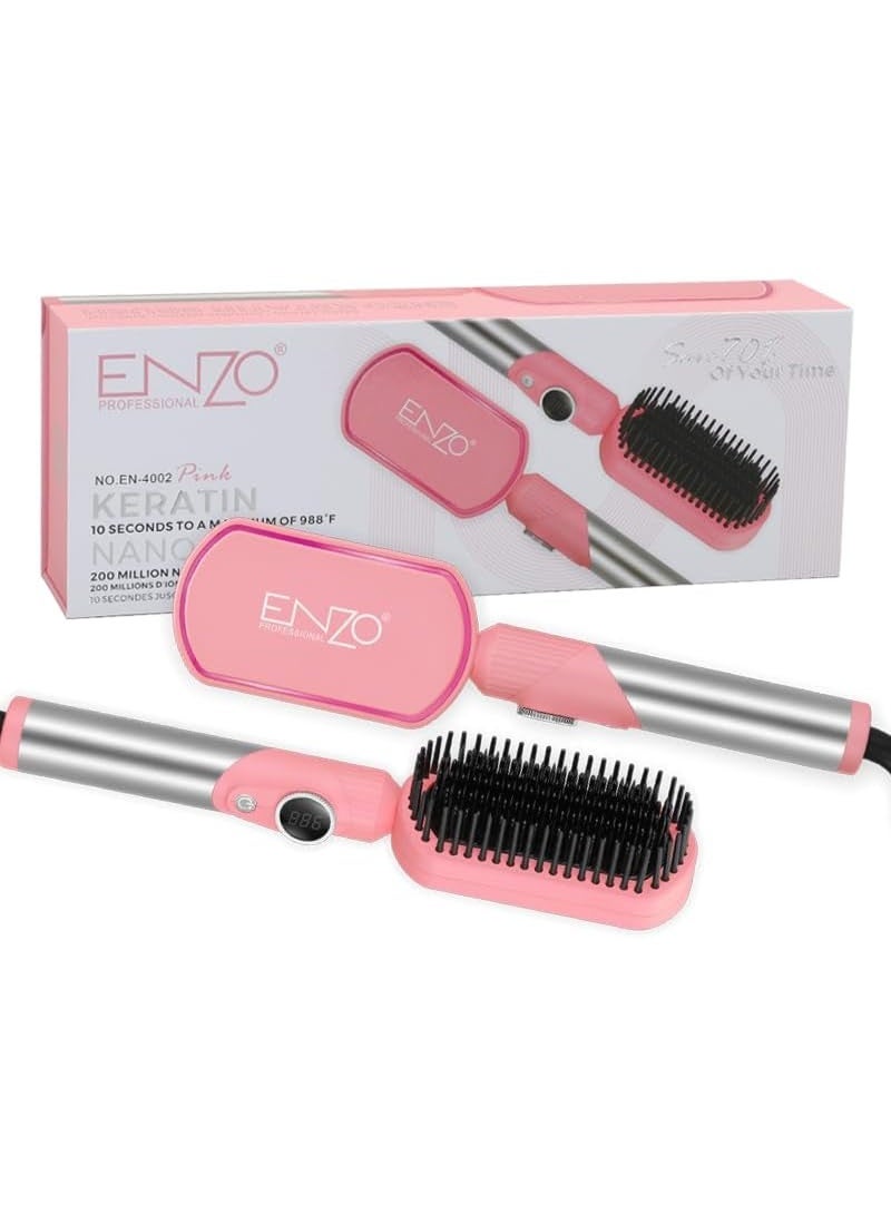 ENZO Professional فرشاة فرد الشعر الاحترافية ENZO EN-4002، مجفف شعر ومكثف مصمم لصالونات الشعر، مشط فرد الشعر بتسخين سيراميك أيوني، مضاد للحروق - دولي (وردي) - Image 1