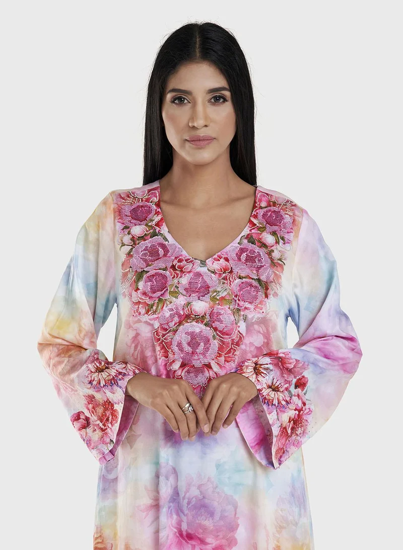 كشخة Multicolour Cotton Satin Floral Print Mukhawar Jalabiya (VDX03)