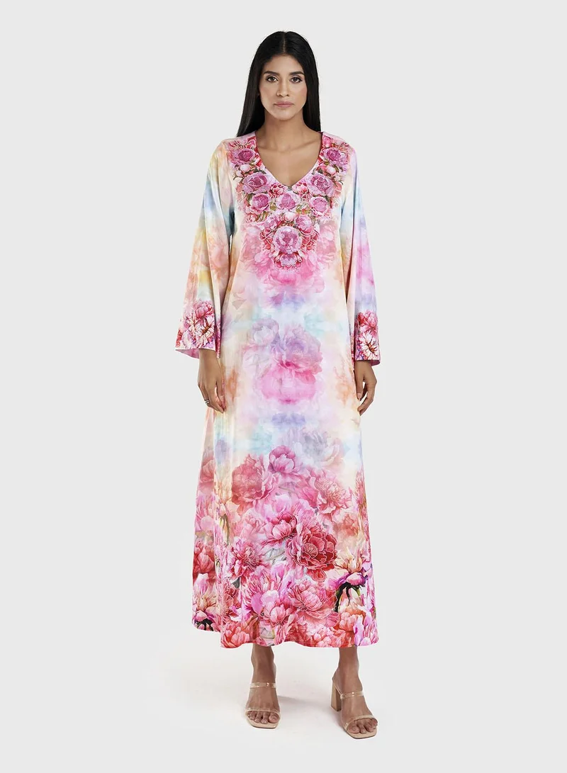 كشخة Multicolour Cotton Satin Floral Print Mukhawar Jalabiya (VDX03)