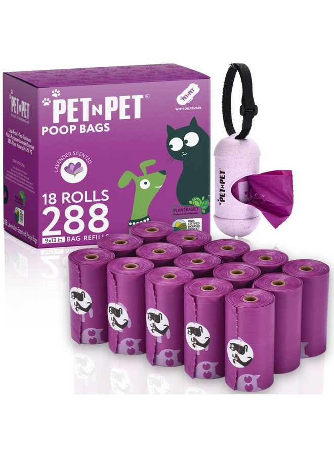 بت آن بت أكياس فضلات الكلاب من Pet N Pet، 288 كيسًا برائحة اللافندر مع موزع مقود، معتمدة من وزارة الزراعة الأمريكية، 38% نباتي و62% بولي إيثيلين، كيس فضلات الكلاب. - Image 1