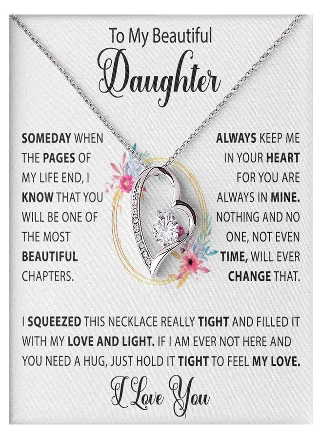 LUXUS™ To My Beautiful Daughter - Heart Necklace, Inspirational Jewelry for Daughter, Gift from Father, Empowering Message Necklace in 18KWhite Gold/Gold Finish over Stainless Steel (18K White Gold Finish, Luxury Gift Box) - Image 1