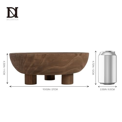 DN DECONATION Wooden Decorative Bowl with Tripod Base 10.63" - Brown Wood Fruit Candy Key Holder Bowl Footed for Dining Table Top Centerpiece Decor Rustic Home Shelf Decor - Image 3
