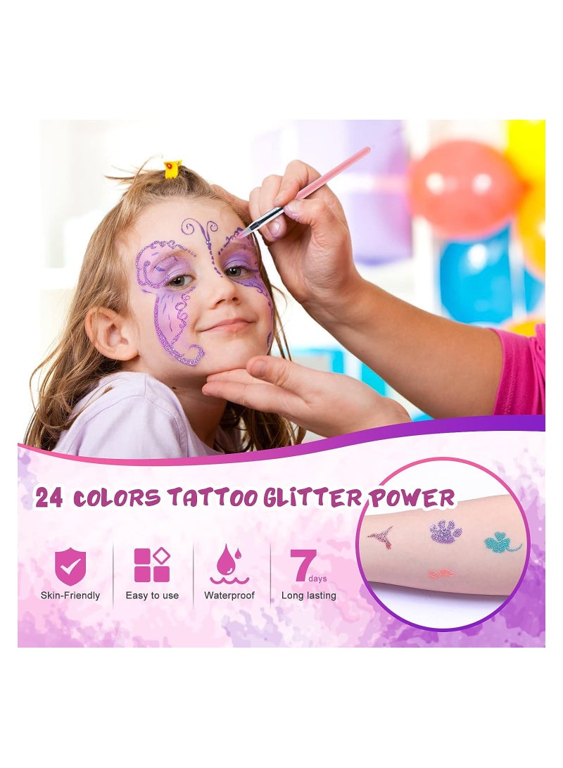 Excefore Glitter Tattoos for Kids Girls 30 Colors Glitter Tattoo Kit Waterproof & Temporary Butterfly Flower Fake Tattoos Body Glitter for Nail Art Crafts - 132 Stencils 5 Brushes 2 Body Glues  - Image 3