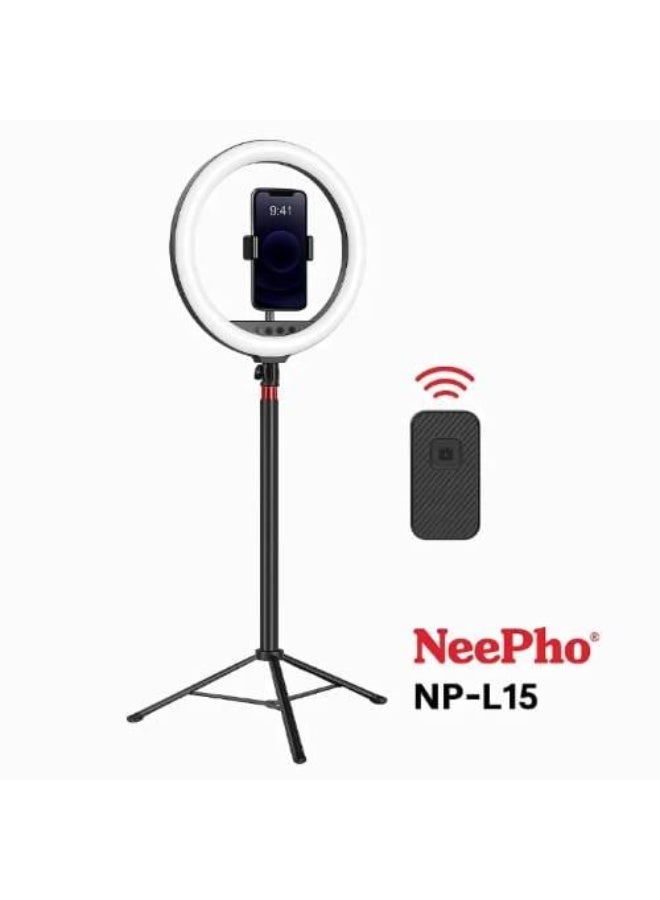 NeePho NP-L15 10 Inch Ring Light with Tripod Stand Bluetooth Remote Selfie Stick Adjustable Phone Holder 3 Color Temperature Fill Light - Image 1