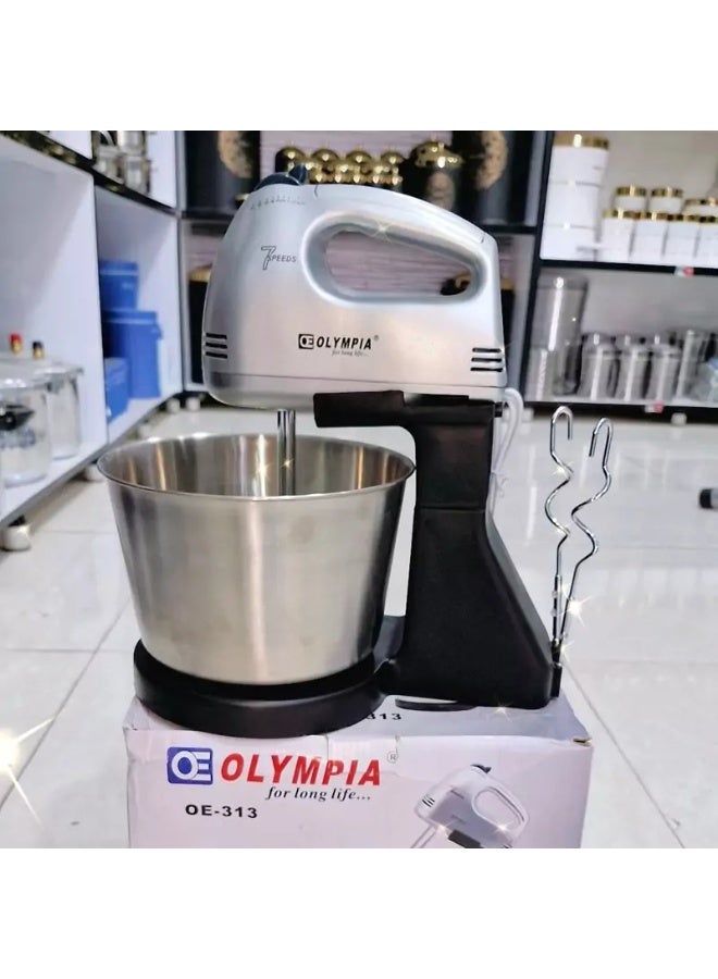 Olympia Electric Hand Mixer with Stand and Stainless Steel Bowl Model OE-313 7 Speeds Efficient Mixing for Cakes Cream Dough Compact Design for Everyday Kitchen Use