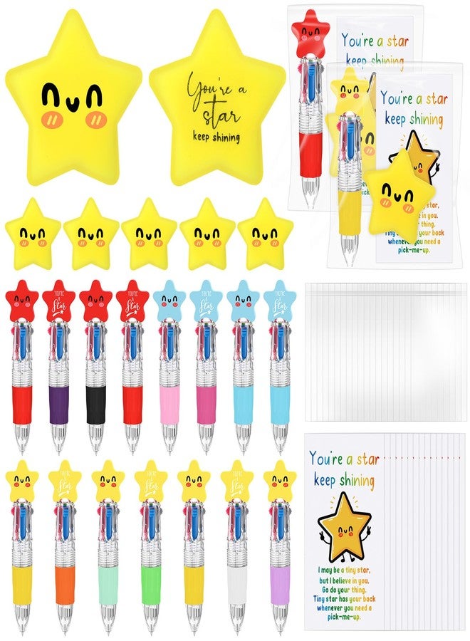 TaoBary 30 Sets Star Motivational Support 4-in-1 Multicolor Ballpoint Pen Squeeze Mini Stress Balls Gift Bulk Inspirational Card for Party Favor Teacher Office Desk Rewards - Image 1