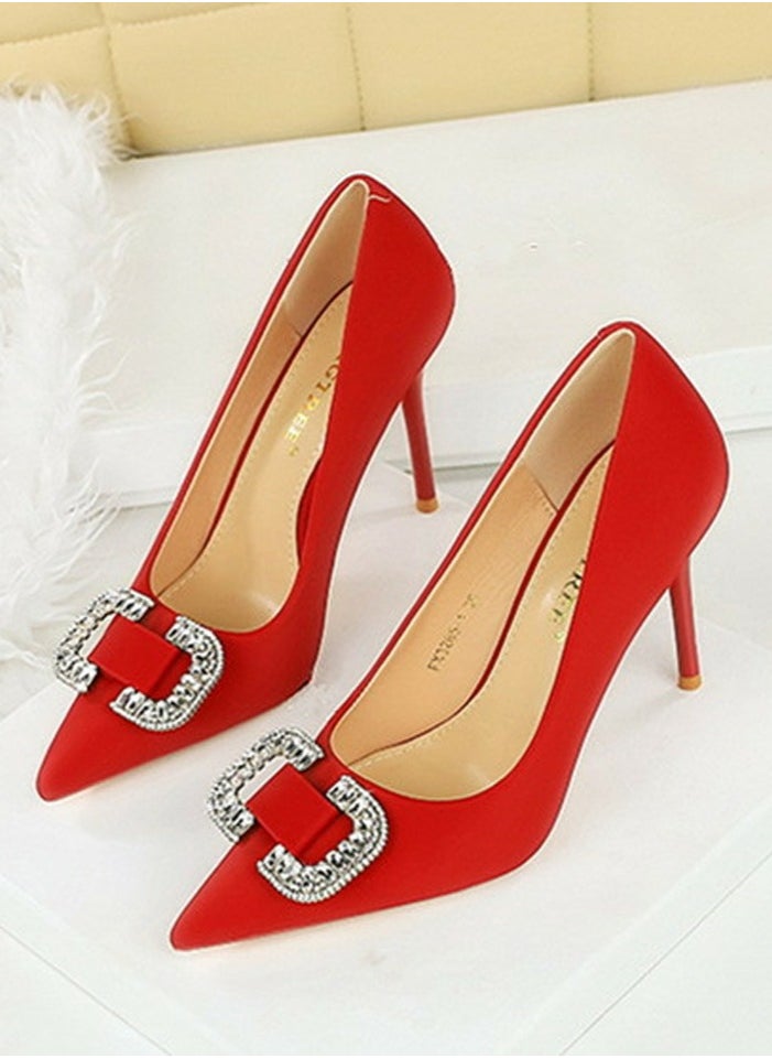 BIGTREE Women's Satin Closed Pointed Toe Stiletto Pump Rhinestone Square Buckle Decoration High Heels Red 10 CM  - Image 1
