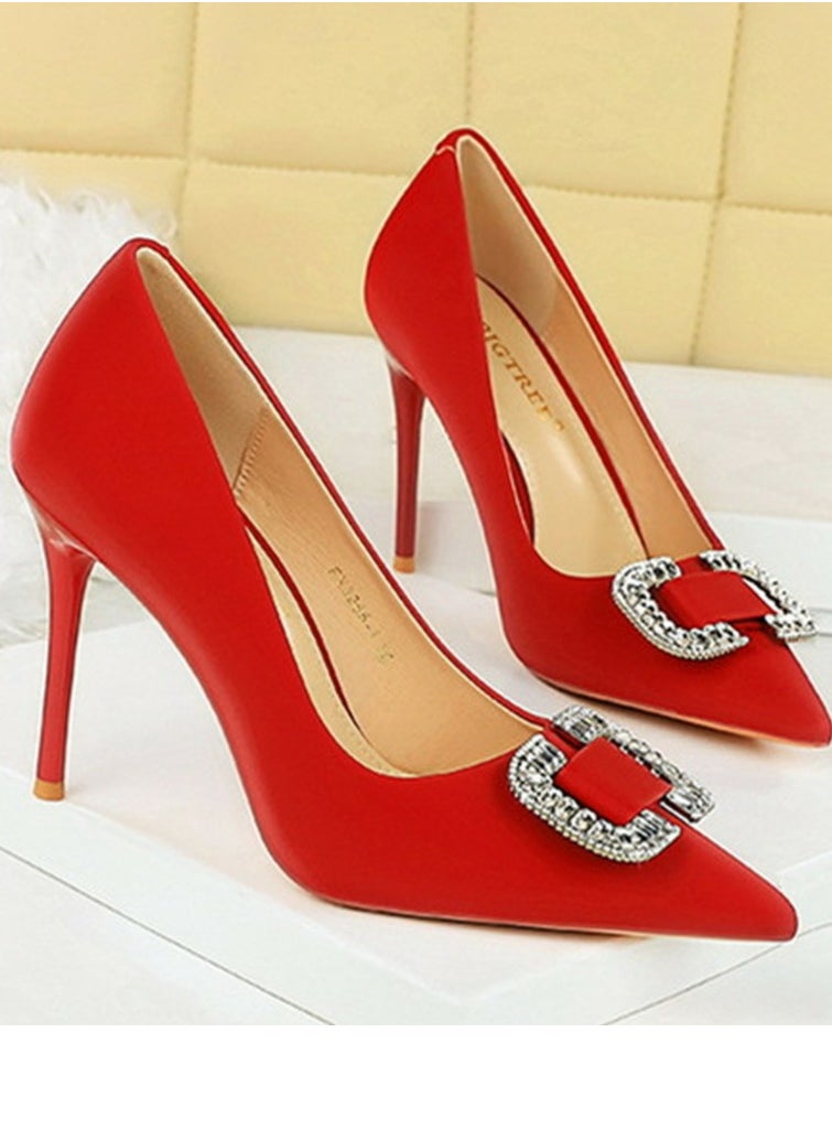 BIGTREE Women's Satin Closed Pointed Toe Stiletto Pump Rhinestone Square Buckle Decoration High Heels Red 10 CM  - Image 2